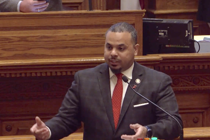 Sen. Derek Mallow (D-Savannah) speaks in the Georgia Senate about SB 386 on Feb. 1, 2024.