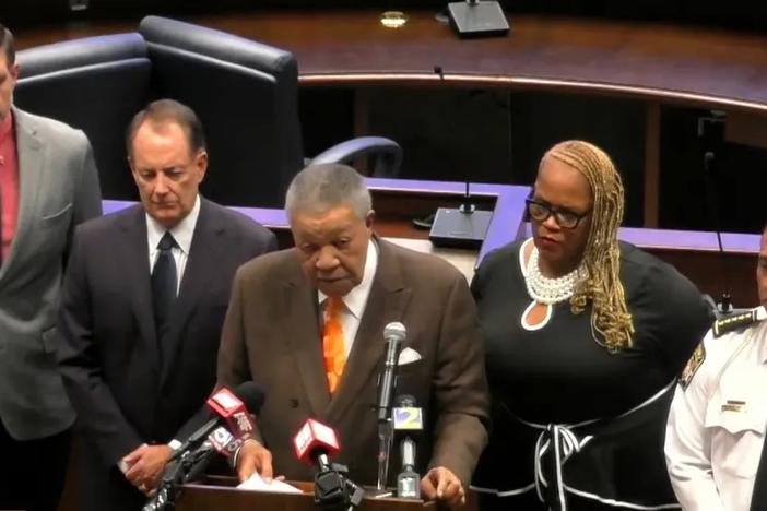 Fulton County Commission Chairman Robb Pitts, center, gave an incident briefing on a cyber attack that affected county computer systems. (FGTV)