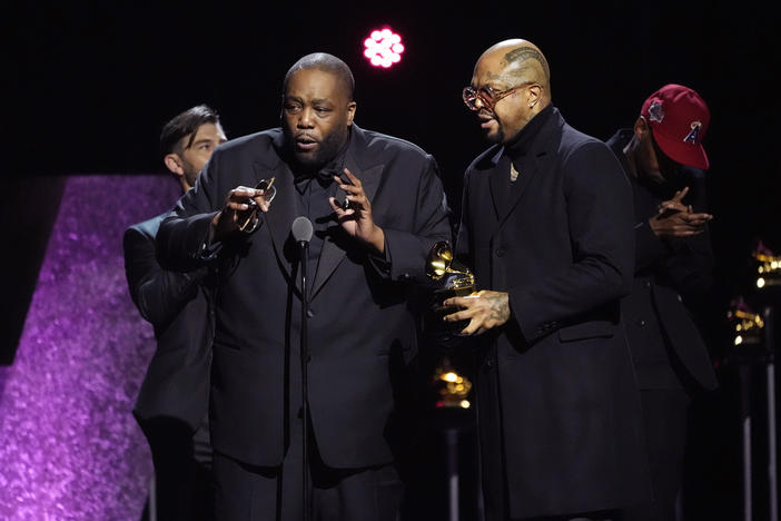 Killer Mike, left, and DJ Paul accepts the award for best rap performance for "Scientists & Engineers" during the 66th annual Grammy Awards on Sunday, Feb. 4, 2024, in Los Angeles. 