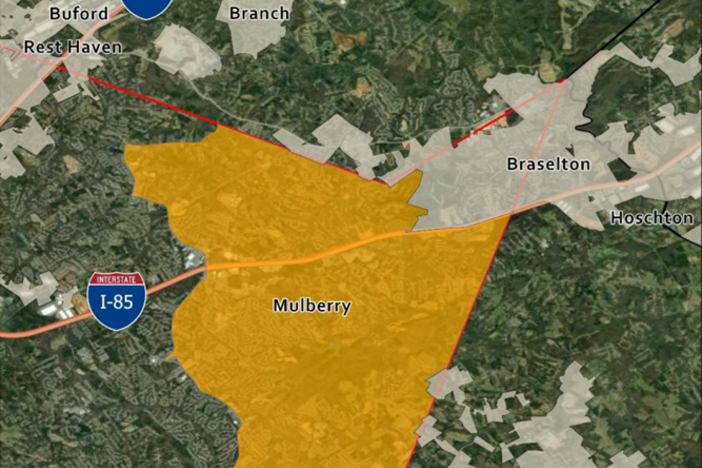 A map from the feasibility study outlining the proposed city of Mulberry in Gwinnett County.
