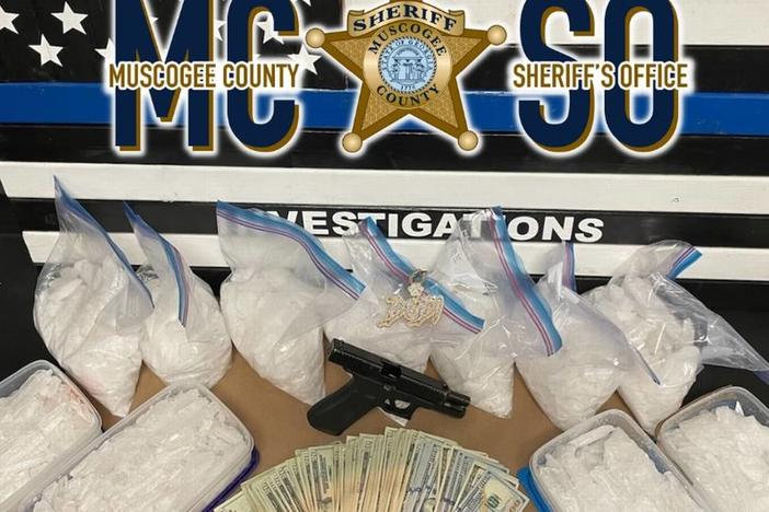 A picture of methamphetamine, cash and a firearm seized by the Muscogee County Sheriff’s Office. Photo courtesy of the Muscogee County Sheriff's Office.