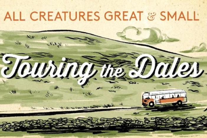 A promotional drawing of a tour bus driving through the countryside.
