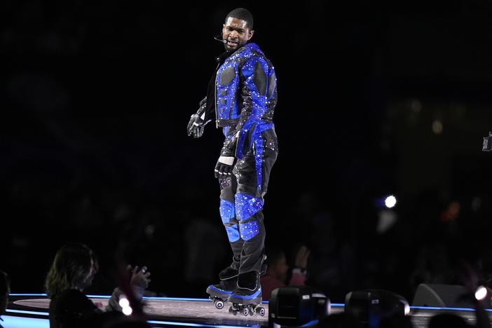 Usher roller skates during his halftime performance at Super Bowl LVIII on Sunday, Feb. 11, 2024. Credit: Frank Franklin II / AP 