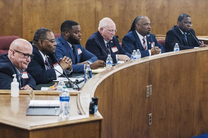 Candidates for Bibb County Sheriff, from left, Chris Patterson, Ron Rodgers, DeAndre Hall, Sheriff David Davis, Marshall Hughes and Chris Paul. 