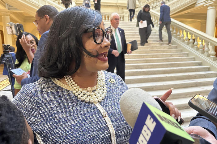 U.S. Rep. and state Democratic Party Chair Nikema Williams speaks to reporters on Monday, March 4, 2024, at the Georgia Capitol in Atlanta. Hundreds of candidates are signing up to run for state and federal offices during the qualifying period, which runs through Friday, March 8, 2024. 