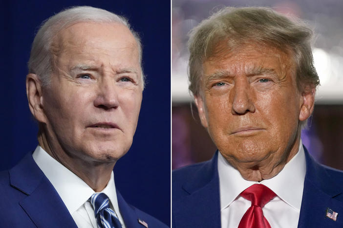 In this combination of photos, President Joe Biden, left, speaks on Aug. 10, 2023, in Salt Lake City, and former President Donald Trump speaks on June 13, 2023, in Bedminster, N.J. The 2024 general election campaign will pick up Saturday, March 9, where the 2020 contest left off. Fresh off their Super Tuesday domination to set up a near-certain rematch, the two rivals will hold dueling events in a state that both parties see as pivotal to winning in November. (AP Photo)