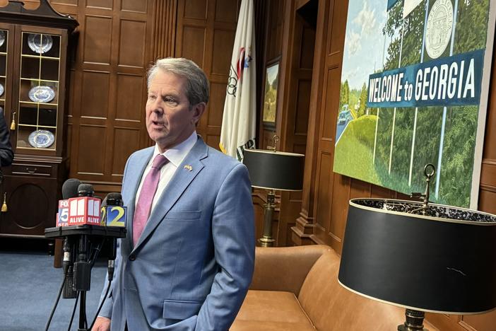  Gov. Brian Kemp talks to reporters at the Capitol Tuesday morning. Jill Nolin/Georgia Recorder 