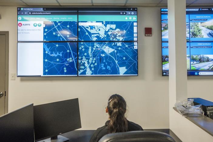 A map showing the location of the cloud connected surveillance cameras belonging to Bibb County, as seen in the control room of the Bibb County Sheriff's Office. When their owners agree to add their private cameras, those will show up as tiny red dots. 