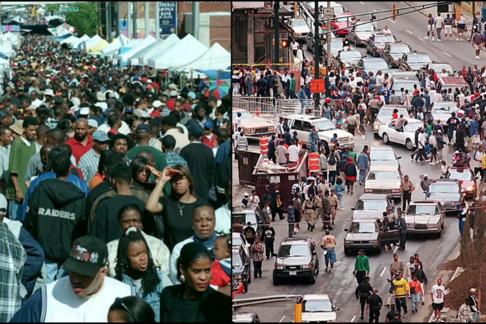 Crowds of people jam Marietta Street for Freaknik near the intersection of Peachtree Street in Atlanta on April 19, 1996.