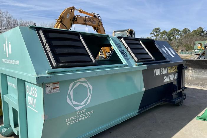 Glass recycling collection container at Bacon Park Transfer Station in Savannah.