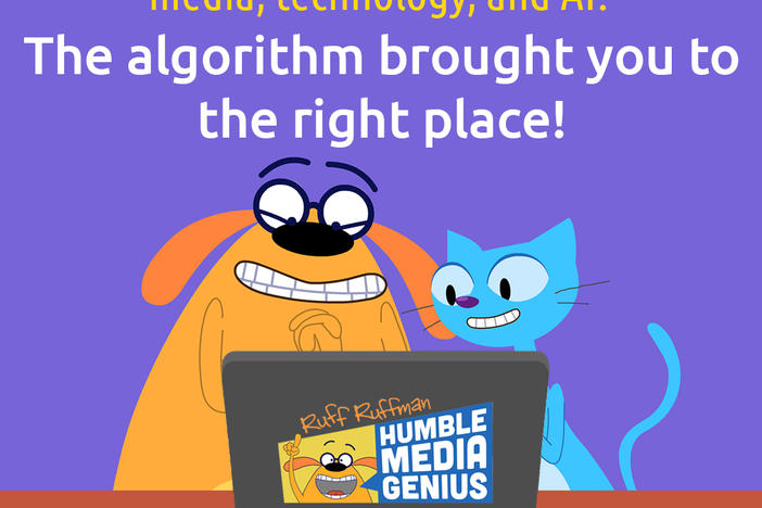Ruff Ruffman and a blue cat look enthusiastically at the screen of a laptop