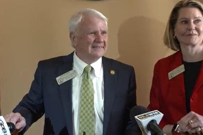 Georgia House Speaker Jon Burns (R-Newington) and Speaker Pro Tempore Jan Jones (R-Milton) talk to reporters after passage of SB 233 on March 14, 2024.