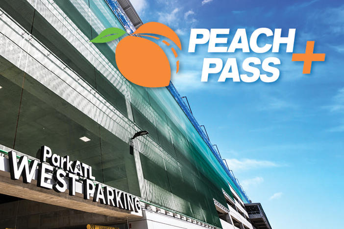 A promo photo of a parking deck at Hartsfield-Jackson Atlanta International Airport with the Peach Pass logo superimposed on it. 