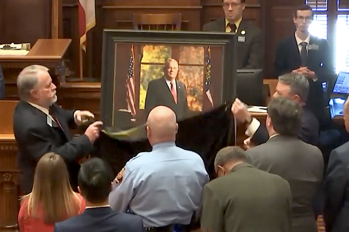 A portrait of former House Speaker David Ralston is unveiled inside the Georgia Capitol on March 14, 2024.
