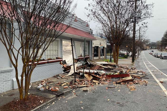 Part of the roof at Mary Mac’s Team Room collapsed during heavy rain in Atlanta.