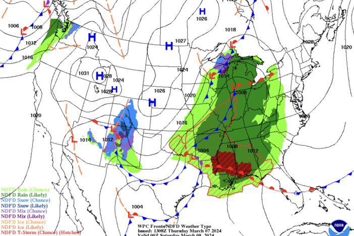 A National Weather Service map shows precipitation predicted for March 8 and 9, 2024.