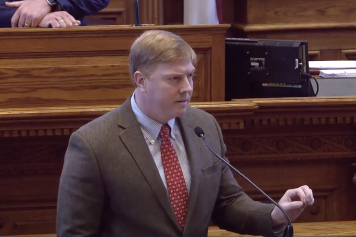 Georgia state Sen. Blake Tillery speaks on the Senate floor March 8 in response to fellow lawmakers' reactions to an announcement made by Rivian to pause a $5 billion plant in Georgia.
