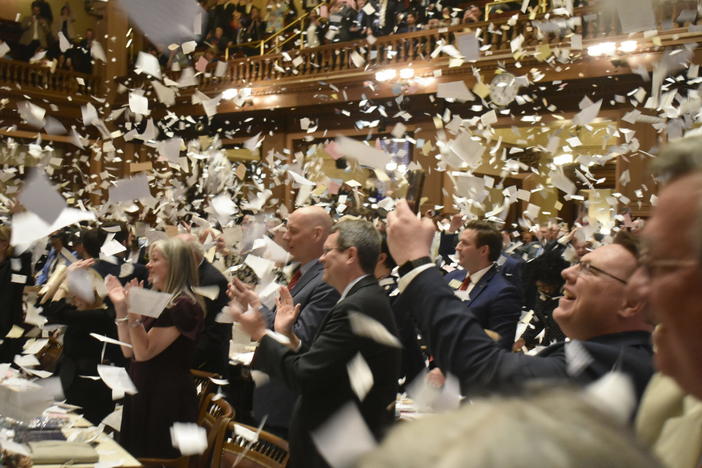  Lawmakers throw paper to celebrate the final day of the 2024 Legislative session. Ross Williams/Georgia Recorder