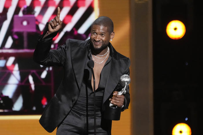Usher addresses the audience after winning Entertainer of the Year during the 55th NAACP Image Awards, Saturday, March 16, 2024, at The Shrine Auditorium in Los Angeles. 