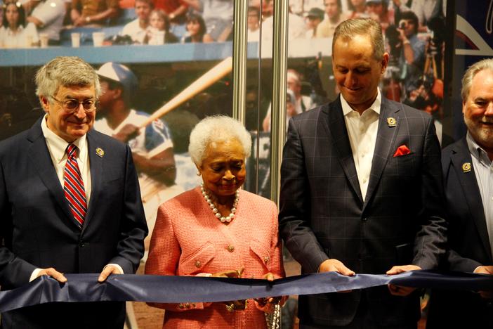 Atlanta History Center CEO Sheffield Hale, Billye Aaron, and Atlanta Braves CEO Derek Schiller opened "More Than Brave" to the public.