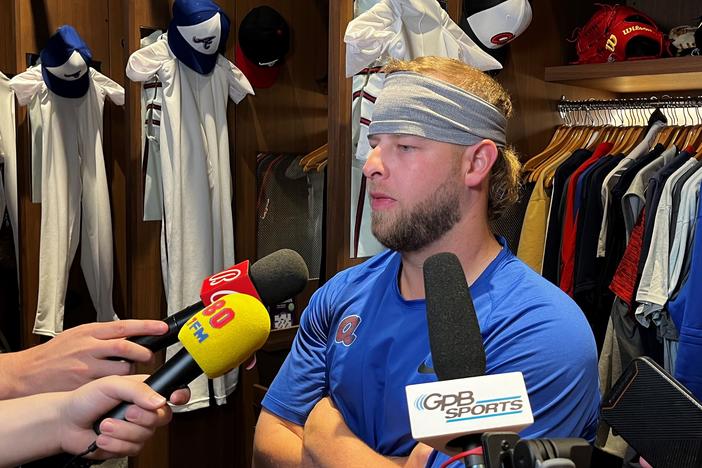 A.J. Minter speaks to reporters after the Braves' loss to the New York Mets on Monday, April 8, 2024.