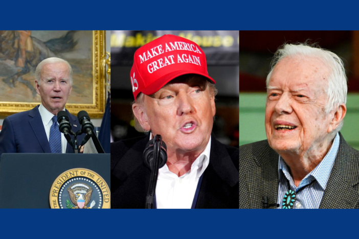 This combination photo shows from left, President Joe Biden, former President Donald Trump and former President Jimmy Carter, right.