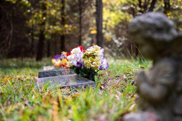 Headstones of beloved pets are set with flower arrangements.