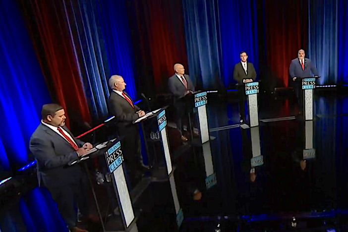 From left: Republican candidates Jim Bennett, Mike Crane, Mike Dugan, Brian Jack and Philip Singleton participate in the Atlanta Press Club Loudermilk-Young Debate Series at GPB on April 28, 2024. The candidates are running for Georgia's Congressional District 3, an open seat currently held by Rep. Drew Ferguson, who is not seeking reelection.