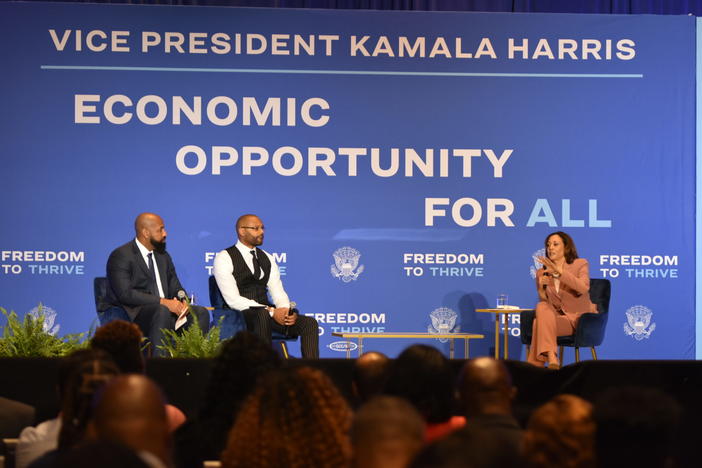 Vice President Kamala Harris speaks with Earn Your Leisure’s Rashad Bilal and Troy Millings in Atlanta.