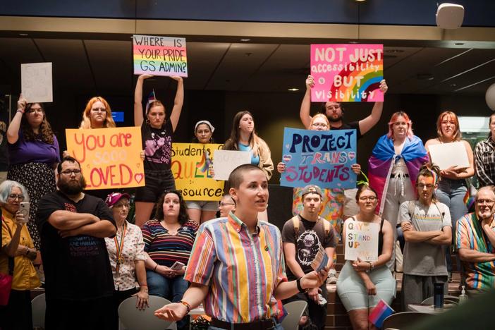 Ellen Murphy, a representative for the Georgia Southern University students, reads a list of demands in protest the institution abruptly discontinuing programs designed to lessen discrimination against LGBTQIA+ people. April 29, 2024, in Statesboro, GA. 
