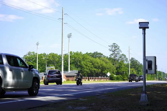 A school zone camera outside Liberty County High School, Hinesville, April 24, 2024.