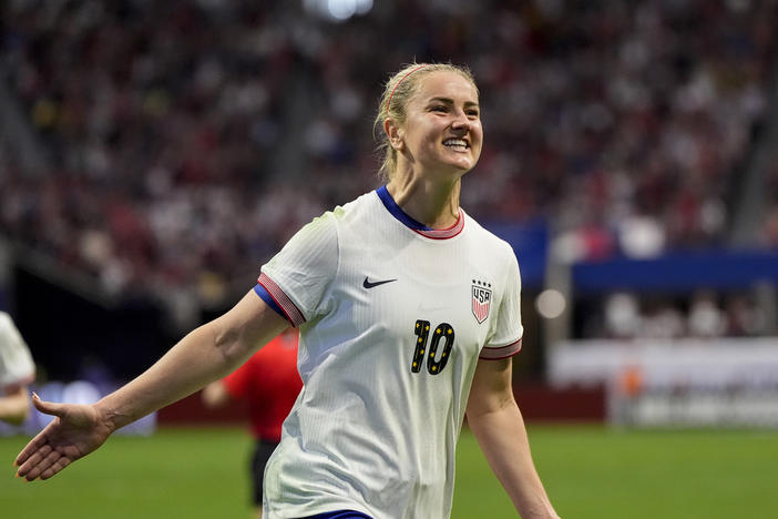 United States' Lindsey Horan (10) celebrates her goal against Japan during the second half in a SheBelieves Cup women’s soccer game, Saturday, April 6, 2024, in Atlanta. The United States won 2-1. 