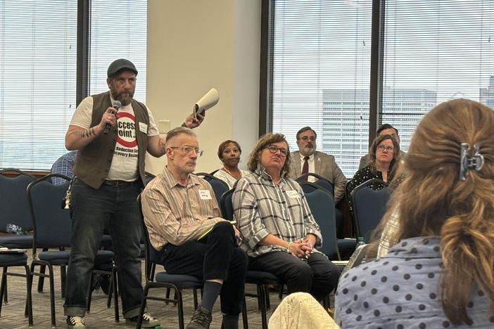 Riley Kirkpatrick asks a question during a meeting April 8, 2024, about grants from opioid lawsuit settlement dollars. 