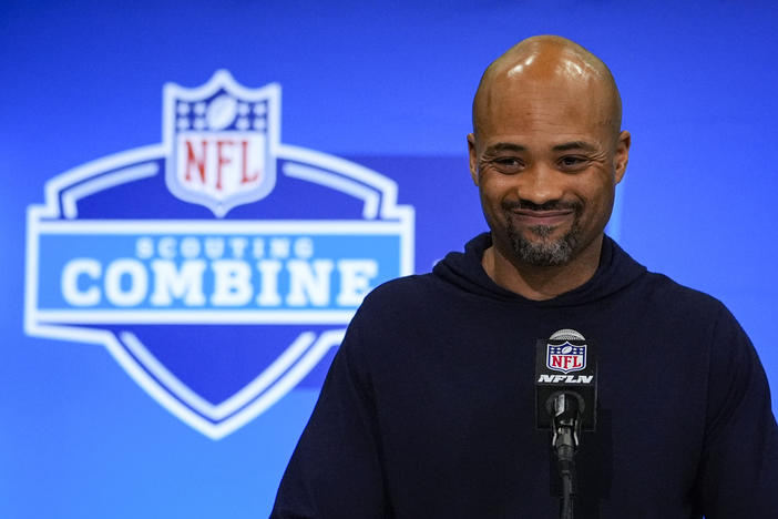 Atlanta Falcons general manager Terry Fontenot speaks during a press conference at the NFL football scouting combine in Indianapolis, Tuesday, Feb. 27, 2024. The NFL's investigation of the Atlanta Falcons' possible violation of tampering policies before signing quarterback Kirk Cousins won't conclude before this week's NFL draft. For Falcons general manager Terry Fontenot, that means the team won't lose any draft pick this year as he looks to build around Cousins. 