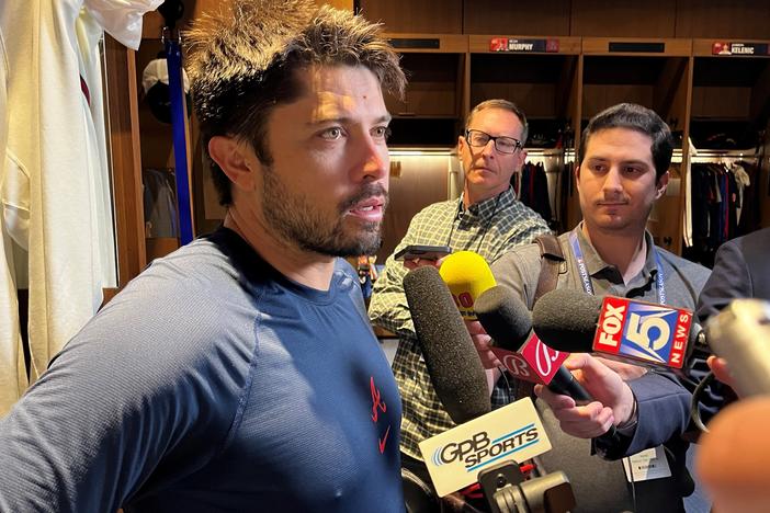 Braves catcher Travis d'Arnaud speaks with reporters in the Braves clubhouse Monday, April 22, 2024.