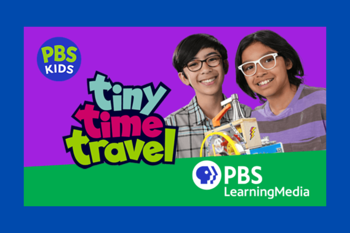 Tyler and Tony, the kids from Tiny Time Travel, are smiling as they hold their tiny time machine