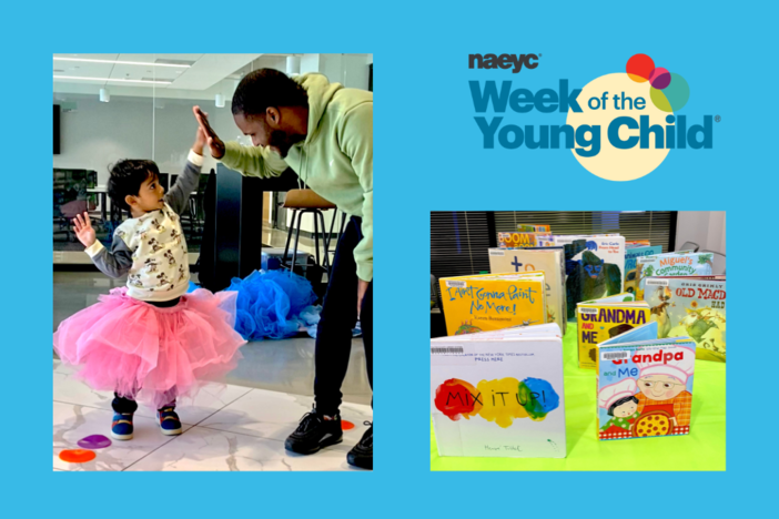 A young boy gives a high five to the ballet instructor. Another photo highlights books that the library had on hand for people to read.