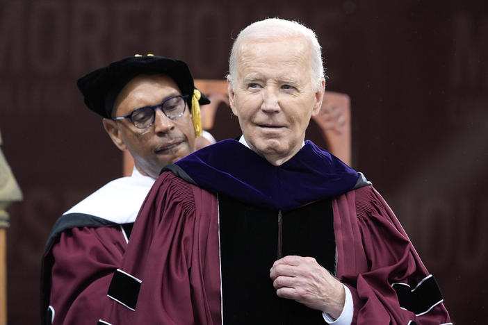 President Joe Biden receives an honorary degree at the Morehouse College commencement Sunday, May 19, 2024, in Atlanta. (AP Photo/Alex Brandon)