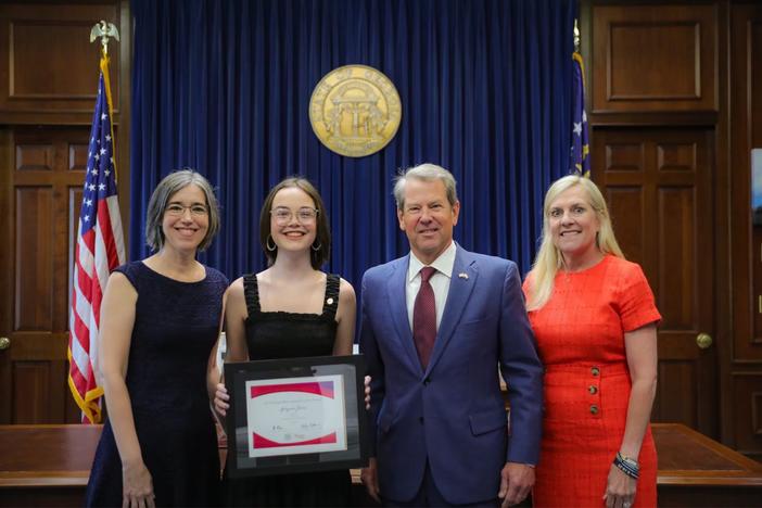 From left: Georgia Poet Laureate Chelsea Rathburn, prize winner Grayson Jones, Gov. Brian Kemp and First Lady Marty Kemp.