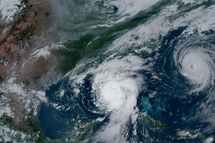 NOAA's GOES-16 satellite captured Hurricane Idalia approaching the western coast of Florida while Hurricane Franklin churned in the Atlantic Ocean at 5:01 p.m. EDT on August 29, 2023. (Image credit: NOAA Satellites)
