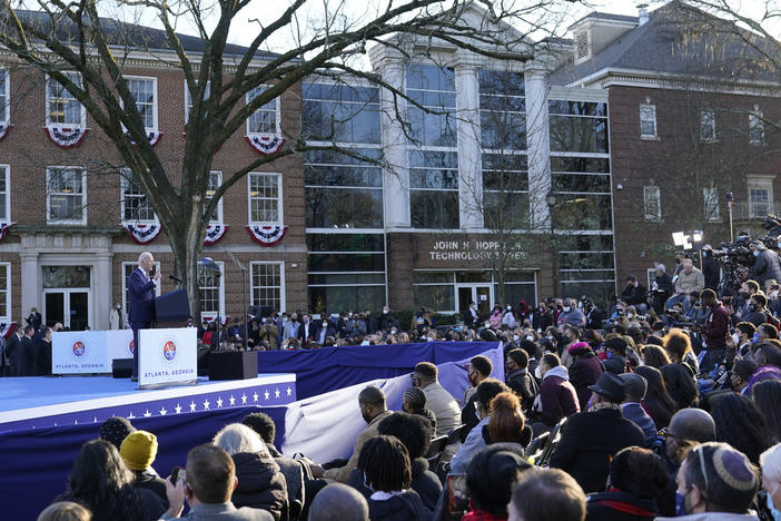 President Joe Biden speaks in support of changing the Senate filibuster rules that have stalled voting rights legislation, at Atlanta University Center Consortium, on the grounds of Morehouse College and Clark Atlanta University, Jan. 11, 2022, in Atlanta. Biden will have his most direct engagement with college students since the start of the Israel-Hamas war when he speaks at Morehouse College's commencement. 