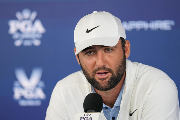 Scottie Scheffler speaks during a news conference after the second round of the PGA Championship golf tournament at the Valhalla Golf Club, Friday, May 17, 2024, in Louisville, Ky. Criminal charges against Scheffler have been dismissed, ending a legal saga that began with images of the world’s top male golfer being arrested and handcuffed in Louisville during the PGA Championship. 