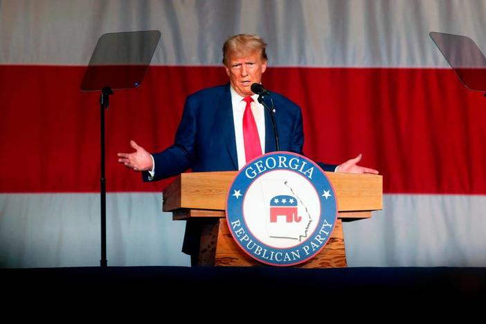 Former President Donald Trump speaks at the Columbus Convention & Trade Center during the Georgia Republican Party state convention June 10, 2023.