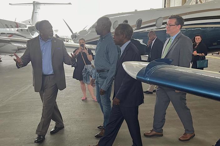 Sen. Raphael Warnock during a visit to the DeKalb-Peachtree Airport, where he discussed the aviation workforce in an April 13, 2023, photo.