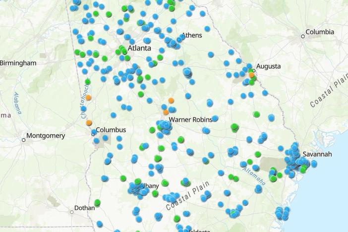 Blue dots indicate sites to be tested for PFAS in water supply. Green indicates tested locations with acceptable levels of PFAS. Orange indicates unacceptable levels found.