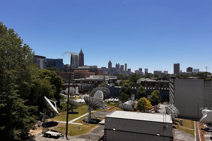 A calm blue sky is seen in Midtown Atlanta on June 25, 2024, two days before the first presidential debate of the election season.