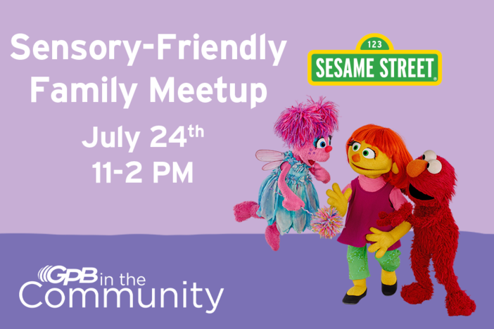 purple background with three sesame street characters on the side smiling at each other