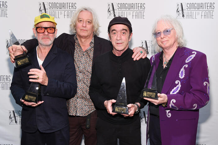  (L-R) Michael Stipe, Peter Buck, Bill Berry and Mike Mills, of R.E.M., attend the 2024 Songwriters Hall of Fame Induction and Awards Gala at New York Marriott Marquis Hotel on June 13, 2024 in New York City.