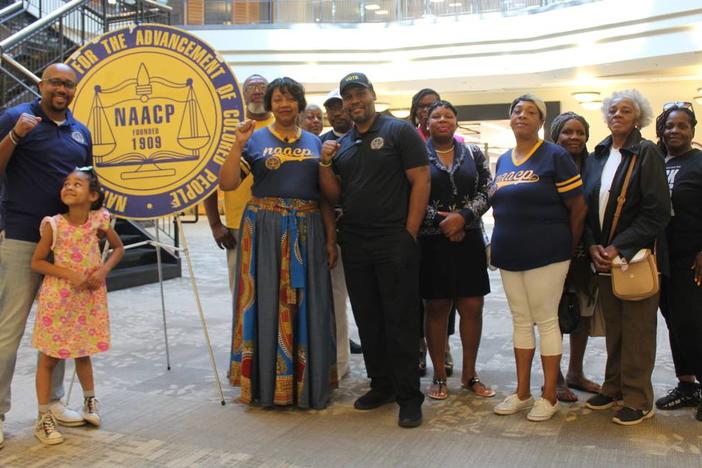 Members of the NAACP’s Georgia and Macon-Bibb County chapters held a press conference in front of the county Board of Elections Office May 10, 2024. (JESSE FRAGA)