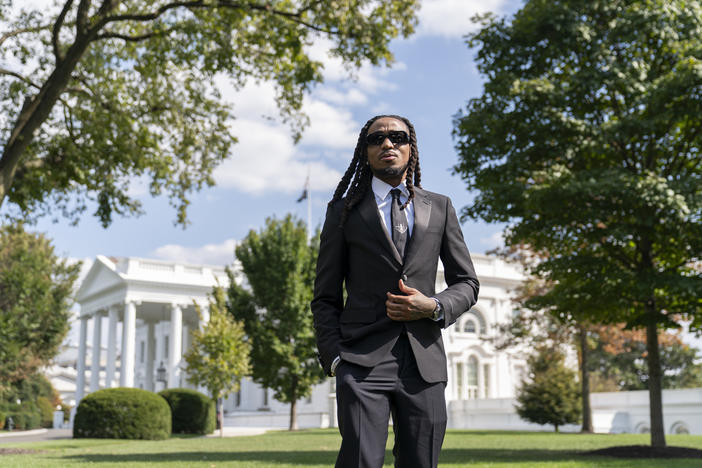 Quavo poses for a portrait at the White House in Washington on Sept. 20, 2023. Quavo is hosting the inaugural Rocket Foundation Summit at the Carter Center in Atlanta on Tuesday. 